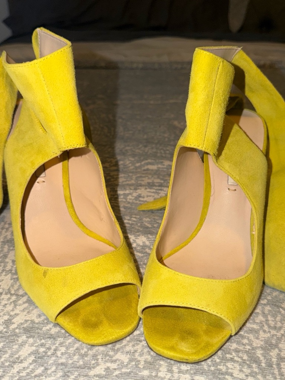 Zara Bright Yellow Suede Peep-Toe Ankle Cuff Heels